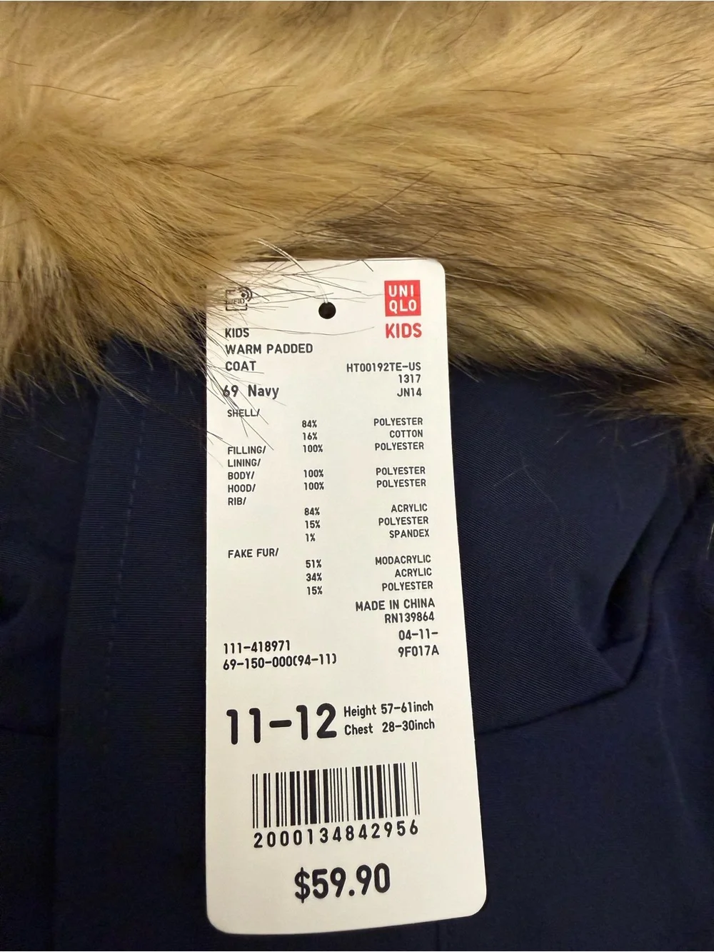 NEW - Uniqlo Navy Hooded Puffer Coat with Faux Fur Trim